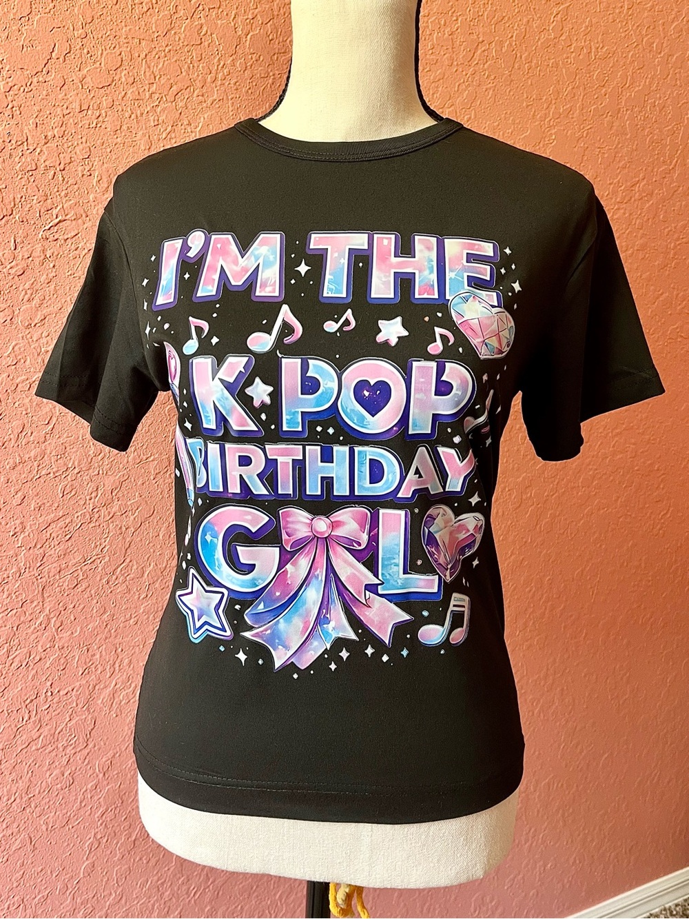 Girls K-Pop Birthday Shirt Black & Pink Blue Graphic T-Shirt Short Sleeves Large